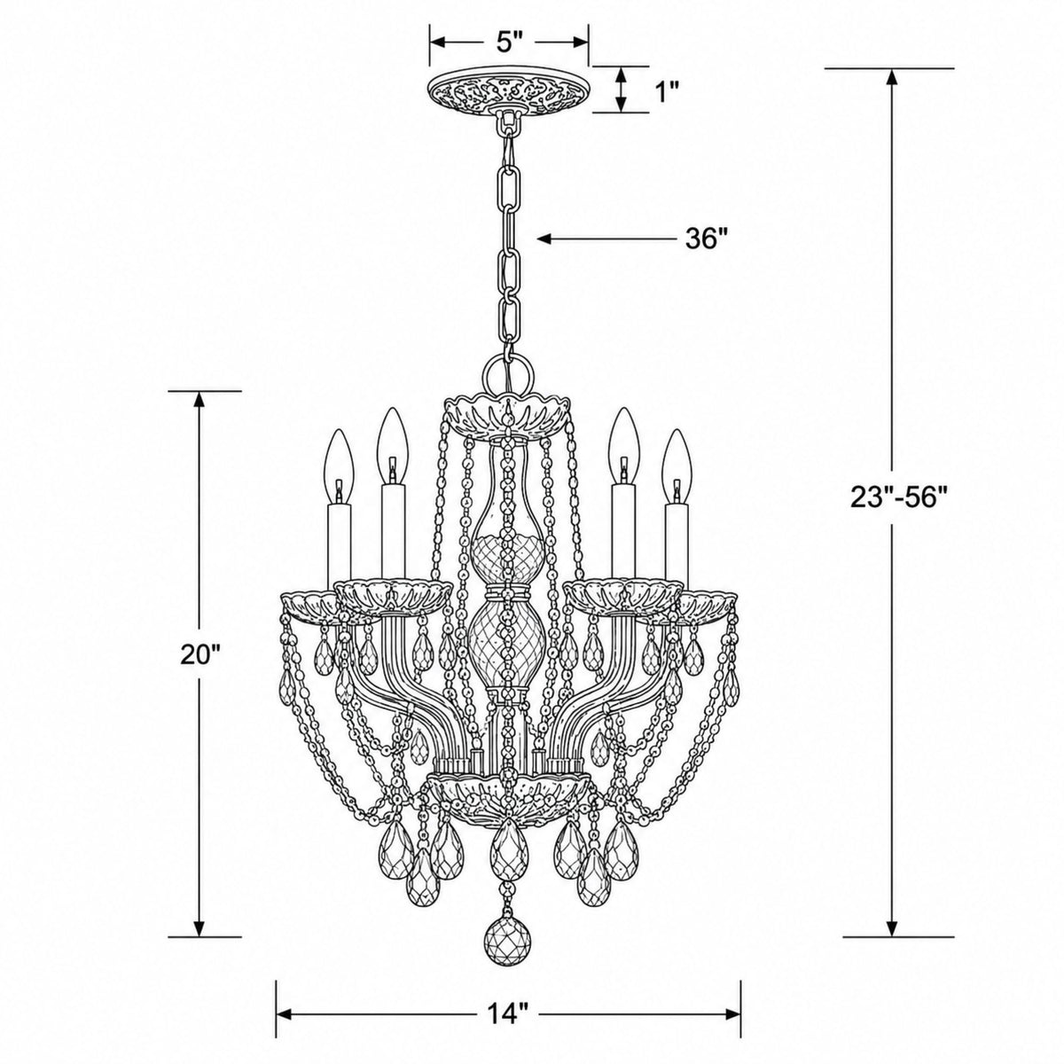 Traditional Crystal 14'' Chandelier dimensions
