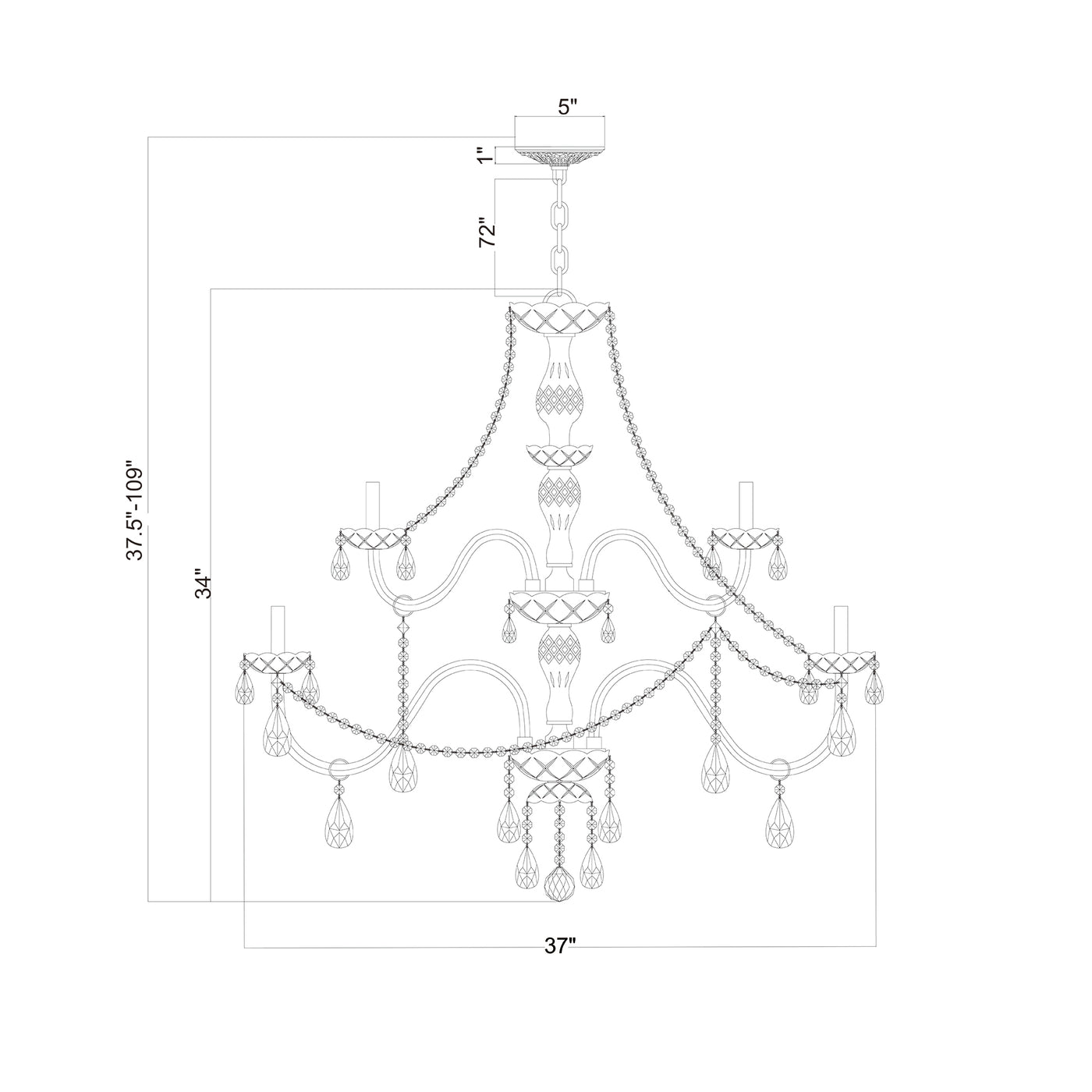 Traditional Crystal 37'' Chandelier dimensions