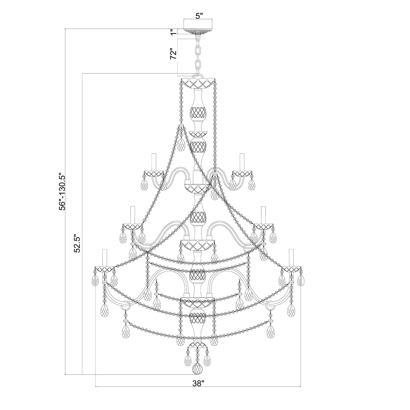 Traditional Crystal 38'' Chandelier dimensions