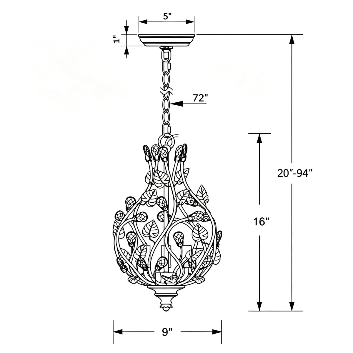 Josie 9'' Chandelier dimensions