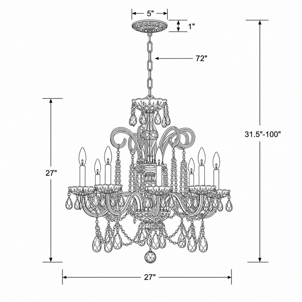 Traditional Crystal 27'' Chandelier dimensions