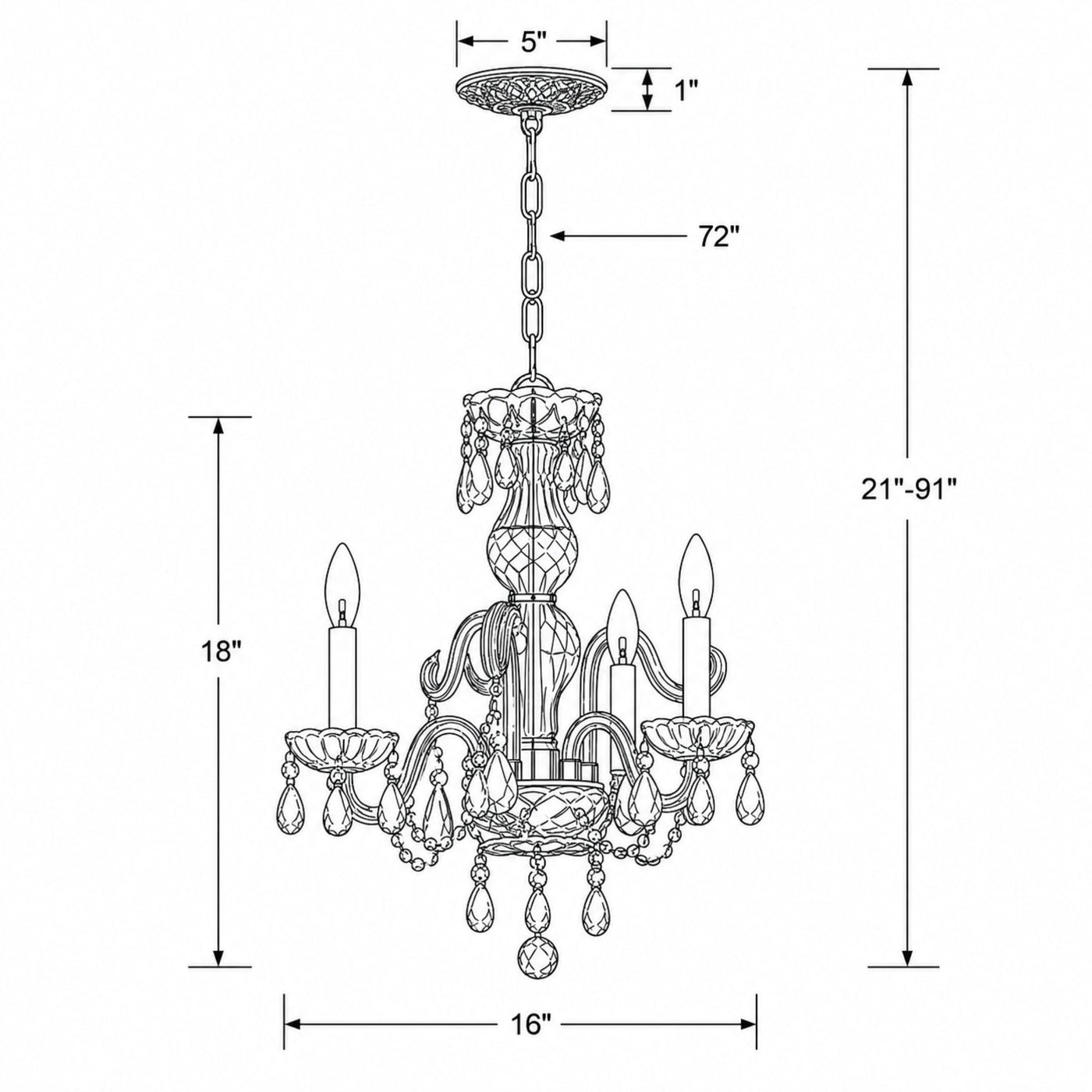 Traditional Crystal 16'' Chandelier dimensions