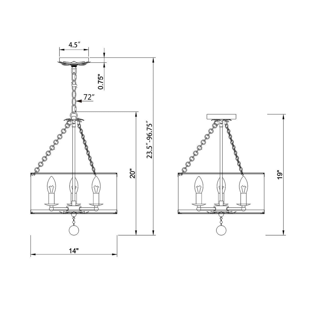 Broche 14'' Semi Flush Mount dimensions