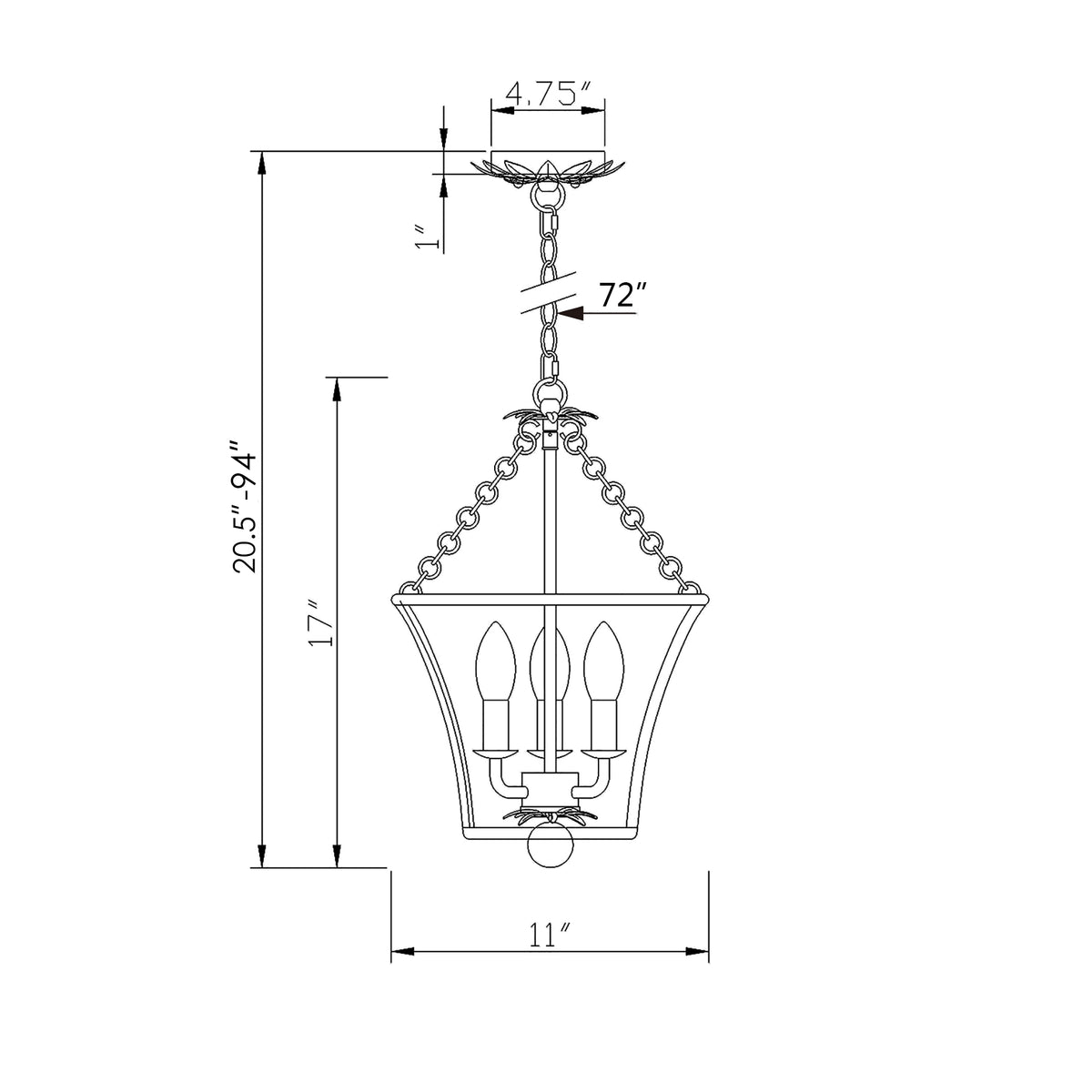 Broche 11'' Chandelier dimensions