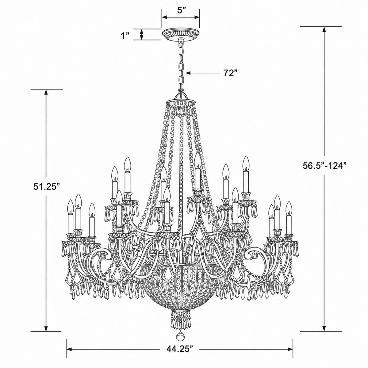 Vanderbilt 44'' Chandelier dimensions