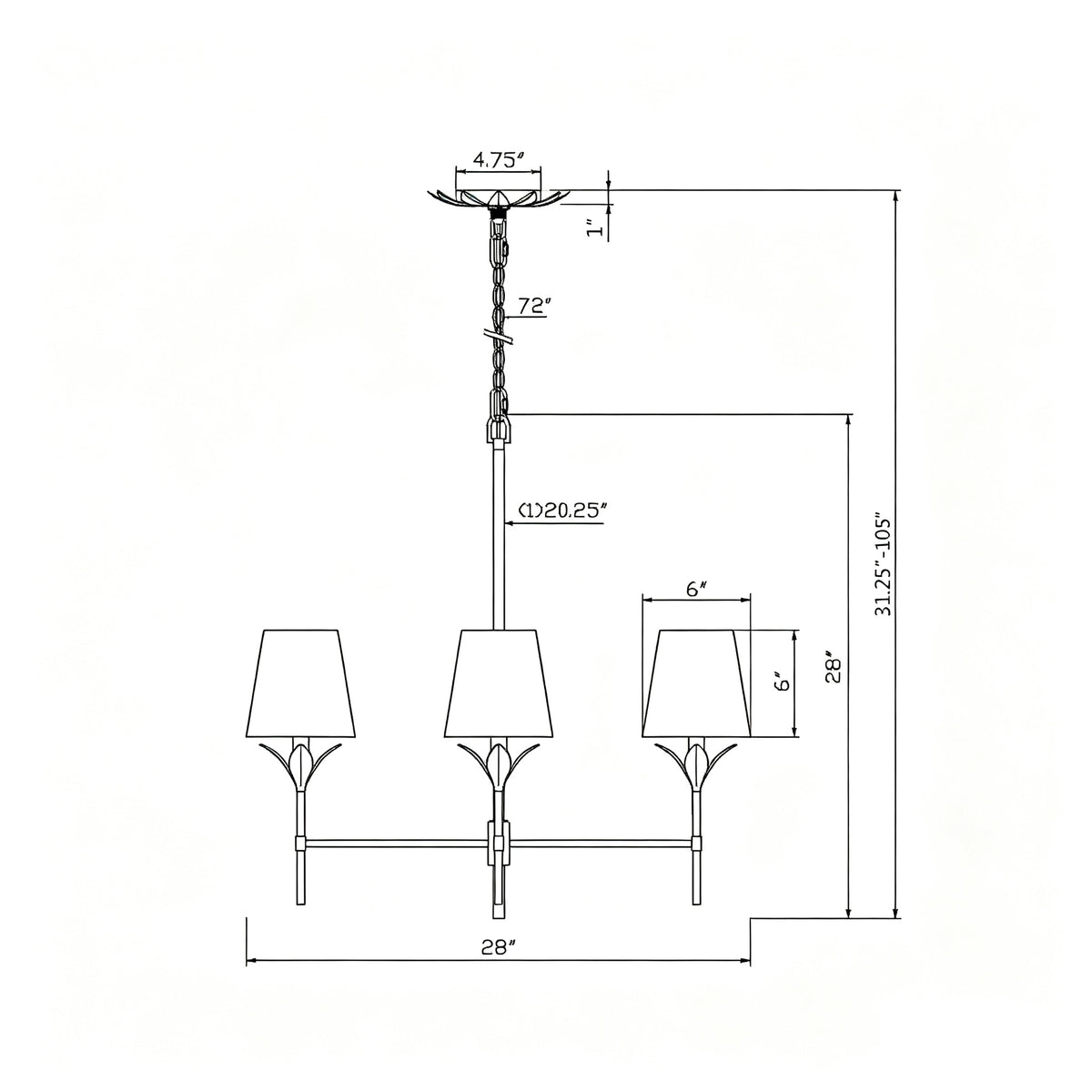 Broche 28'' Chandelier dimensions