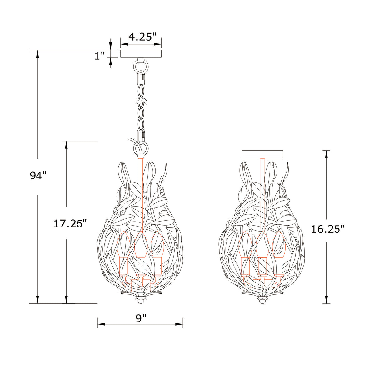 Broche 9'' Chandelier dimensions