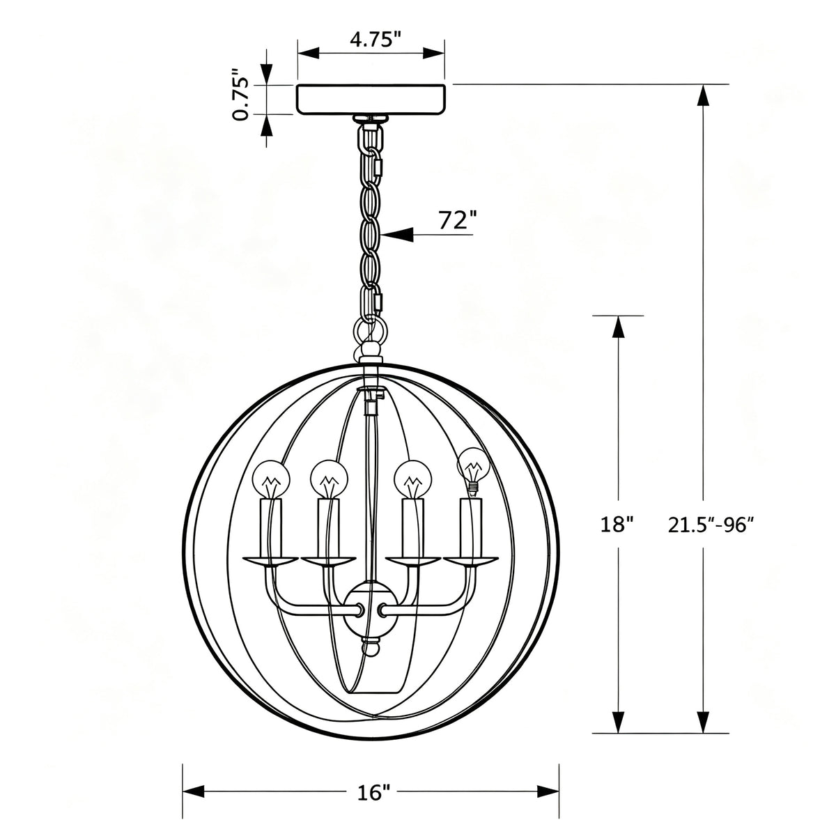 Luna 16'' Chandelier dimensions