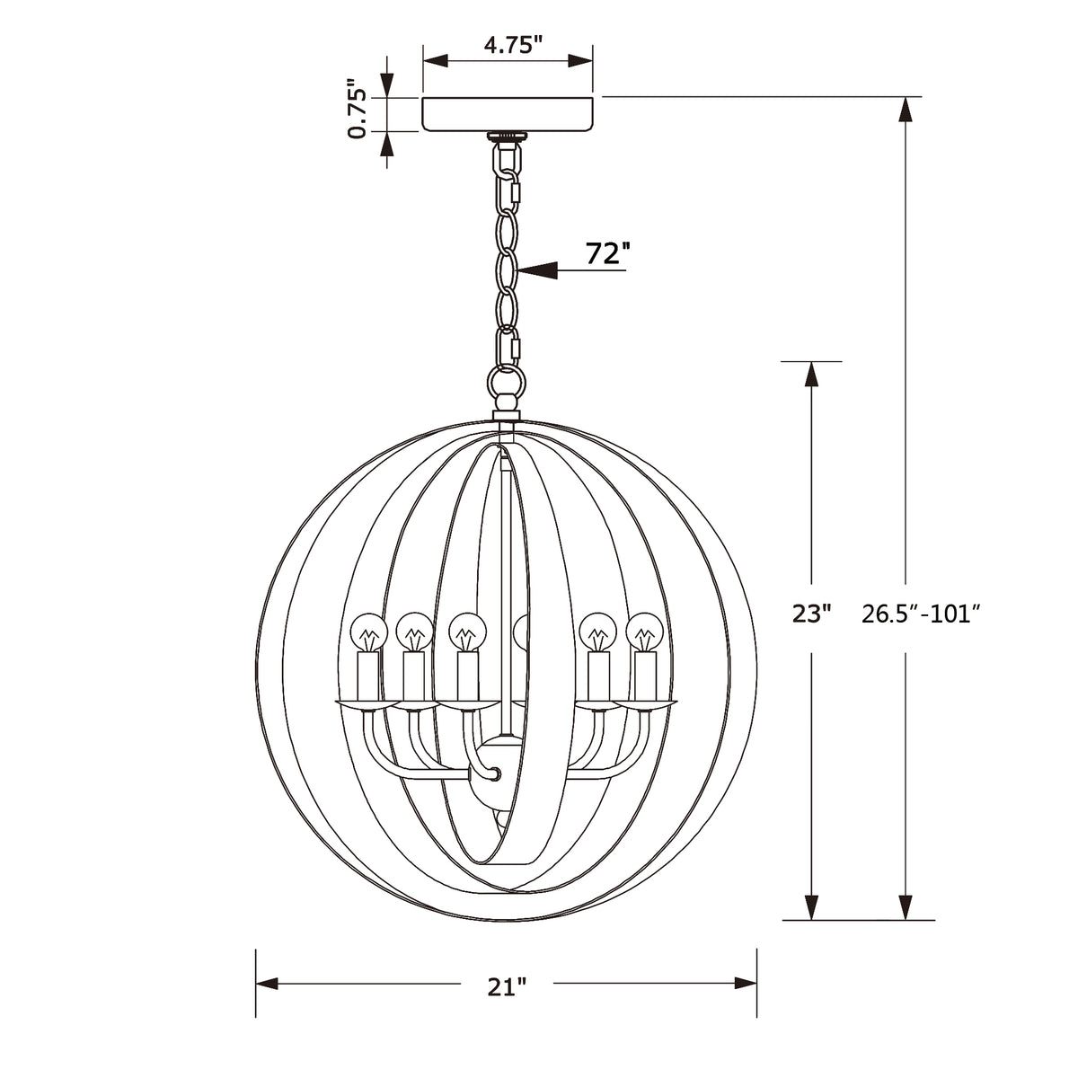 Luna 21'' Chandelier dimensions