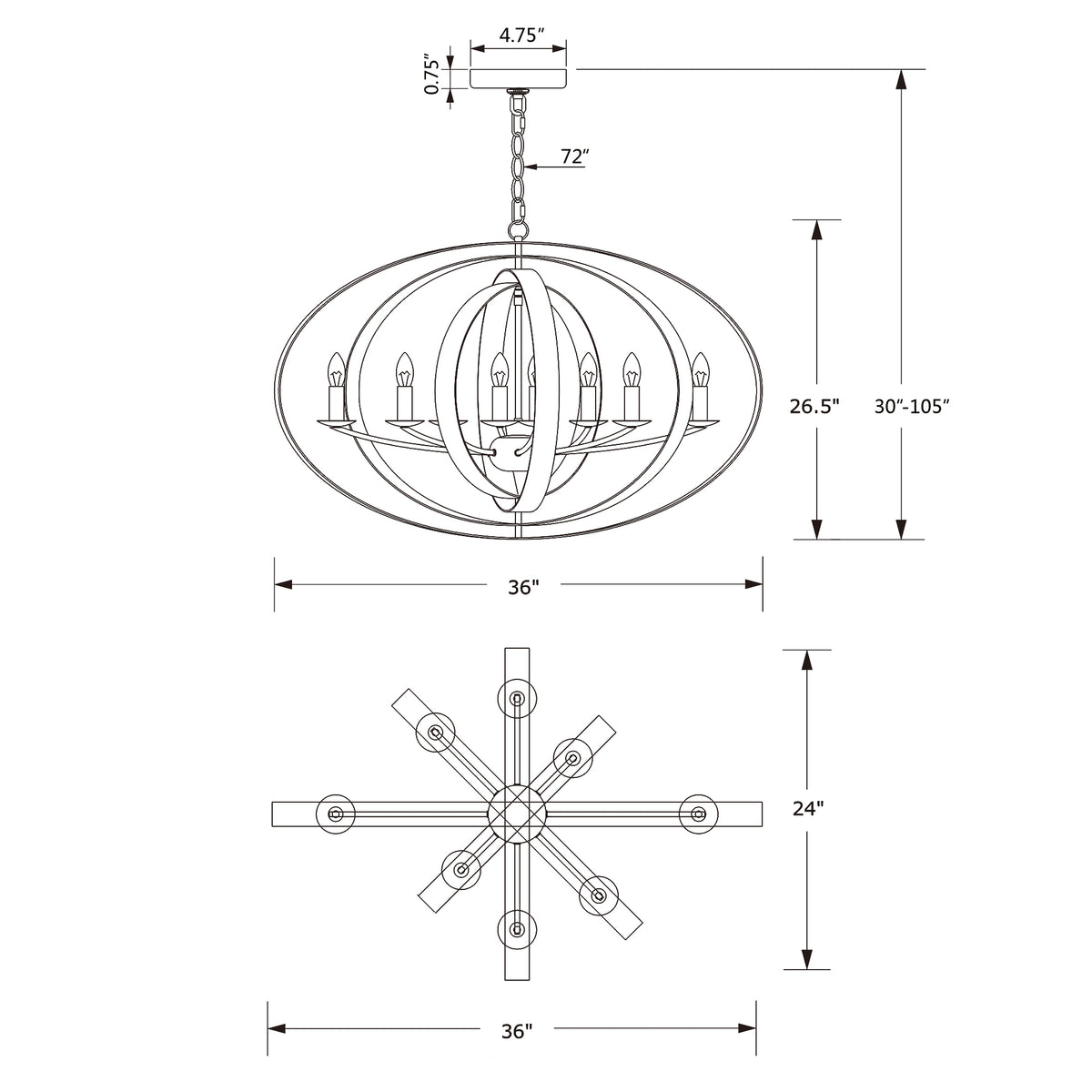 Luna 36'' Oval Chandelier dimensions