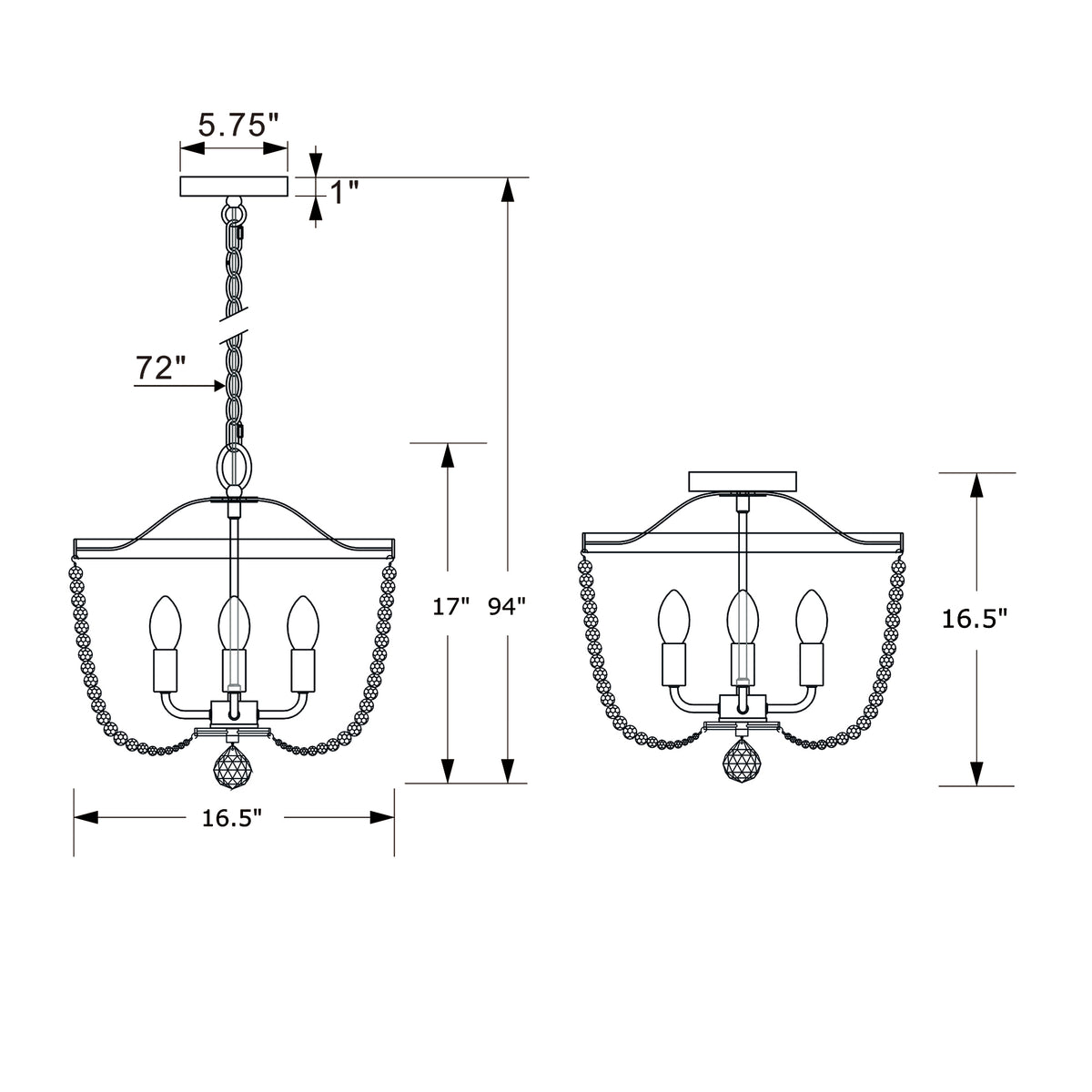 Rylee 16.5'' Semi Flush Mount dimensions