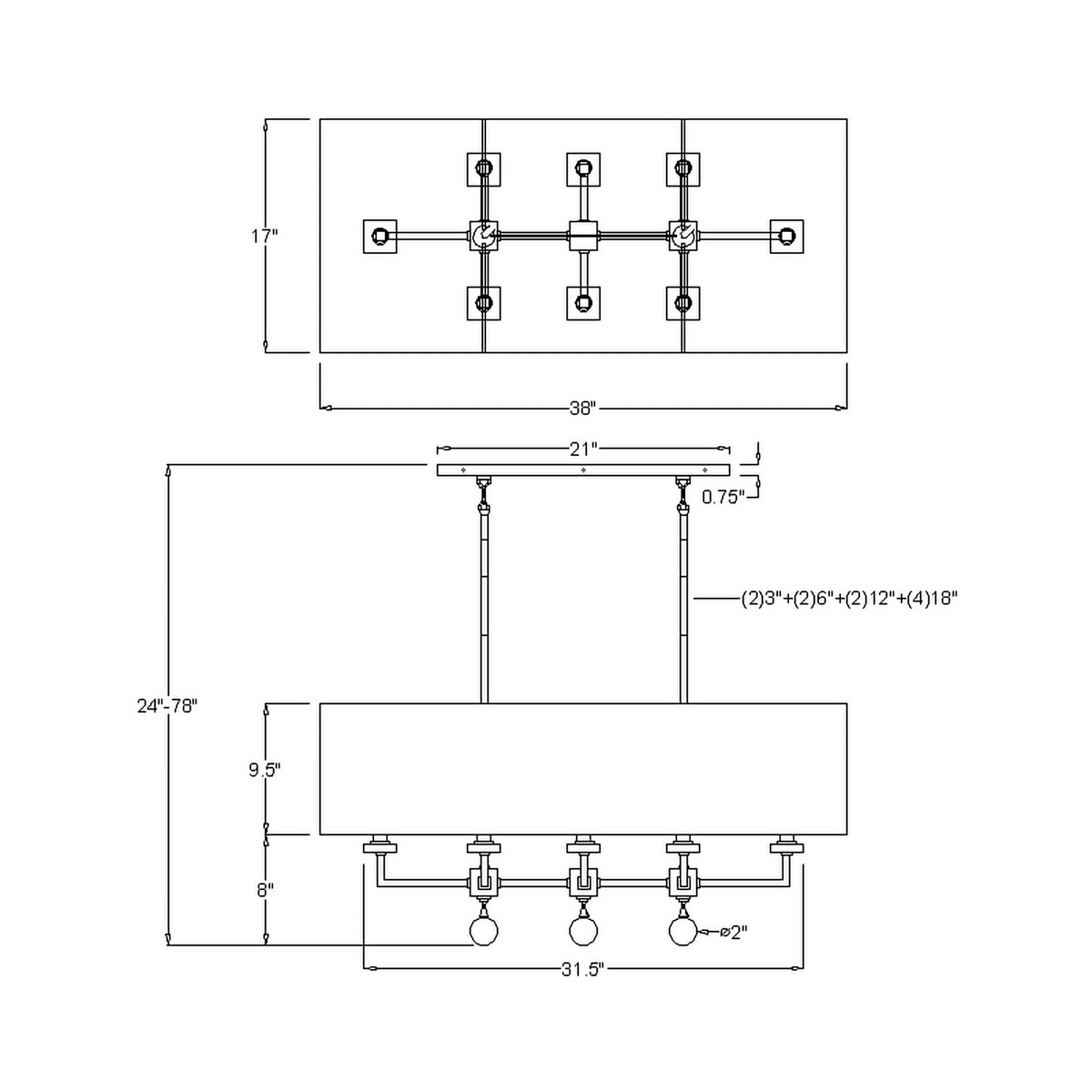 Paxton 38'' Linear Chandelier dimensions