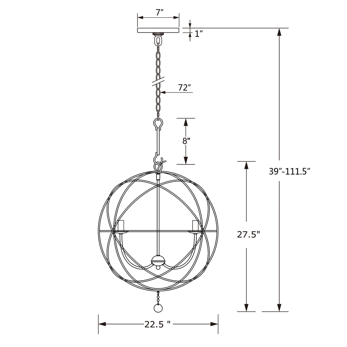 Solaris 22.5'' Chandelier dimensions