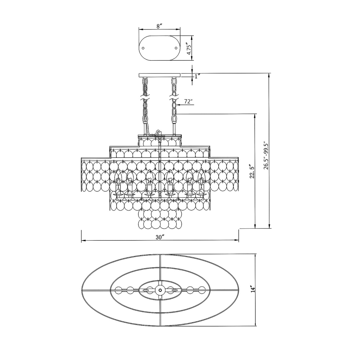 Brielle 30'' Linear Oval Chandelier dimensions