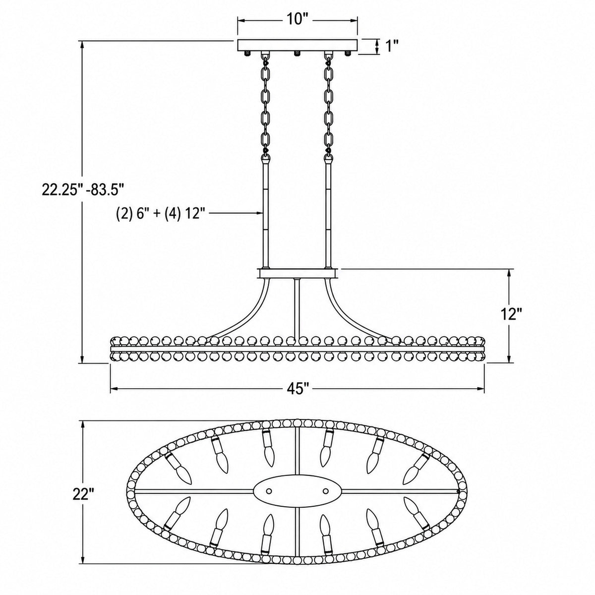 Clover 45'' Oval Chandelier dimensions