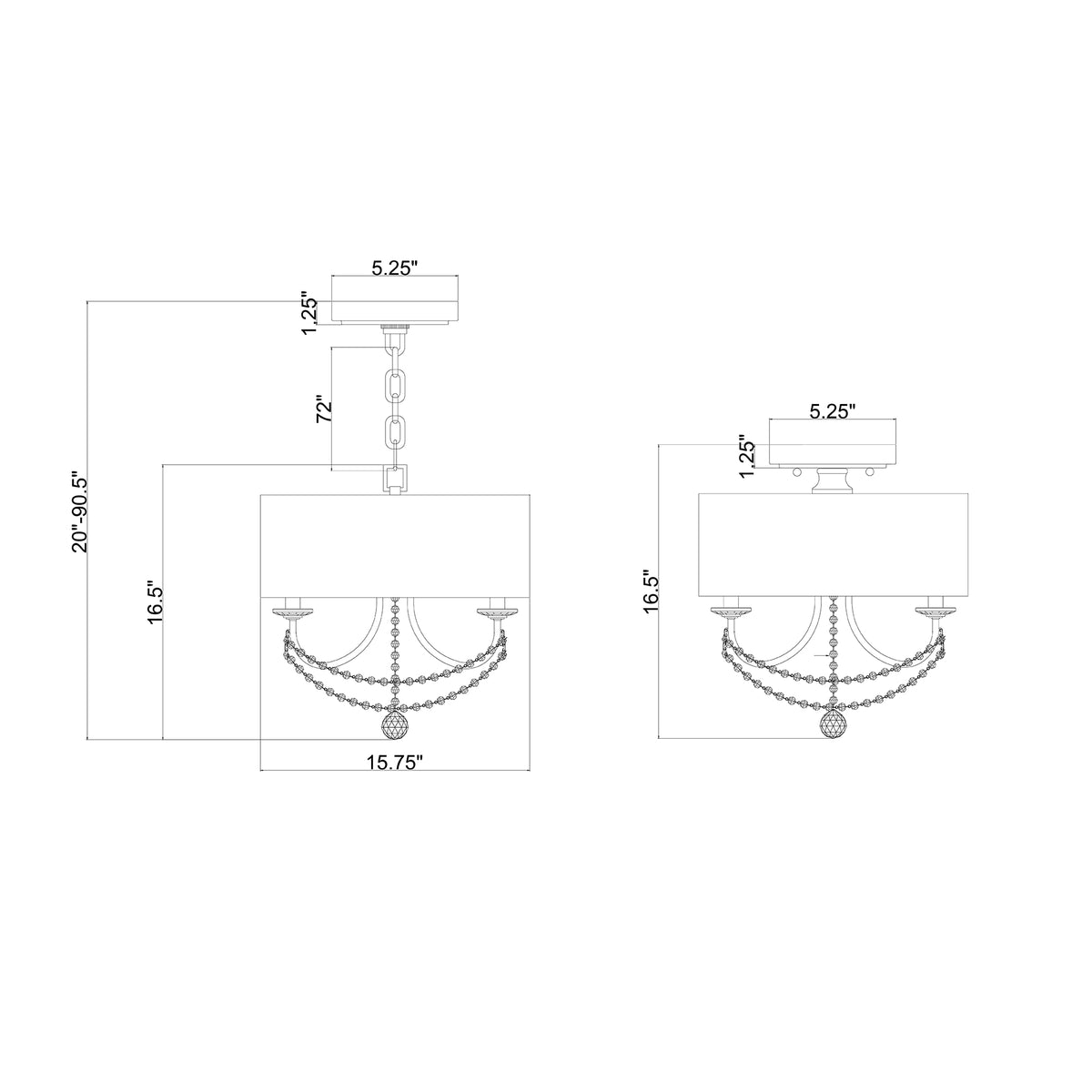 Delilah 15.75'' Semi Flush Mount dimensions