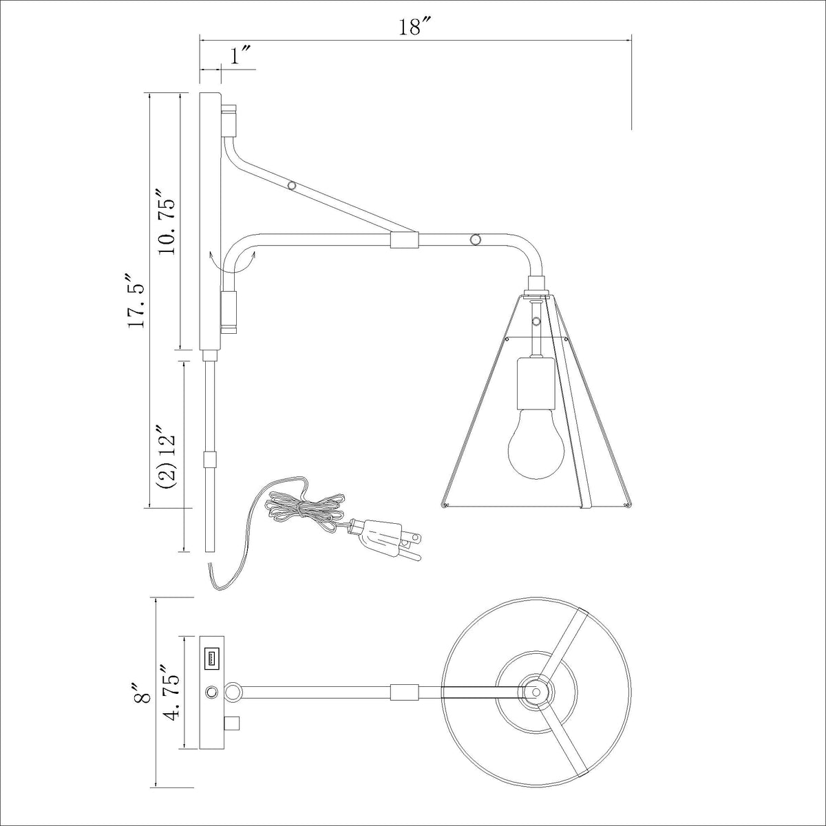 Fulton 8'' Task Sconce dimensions