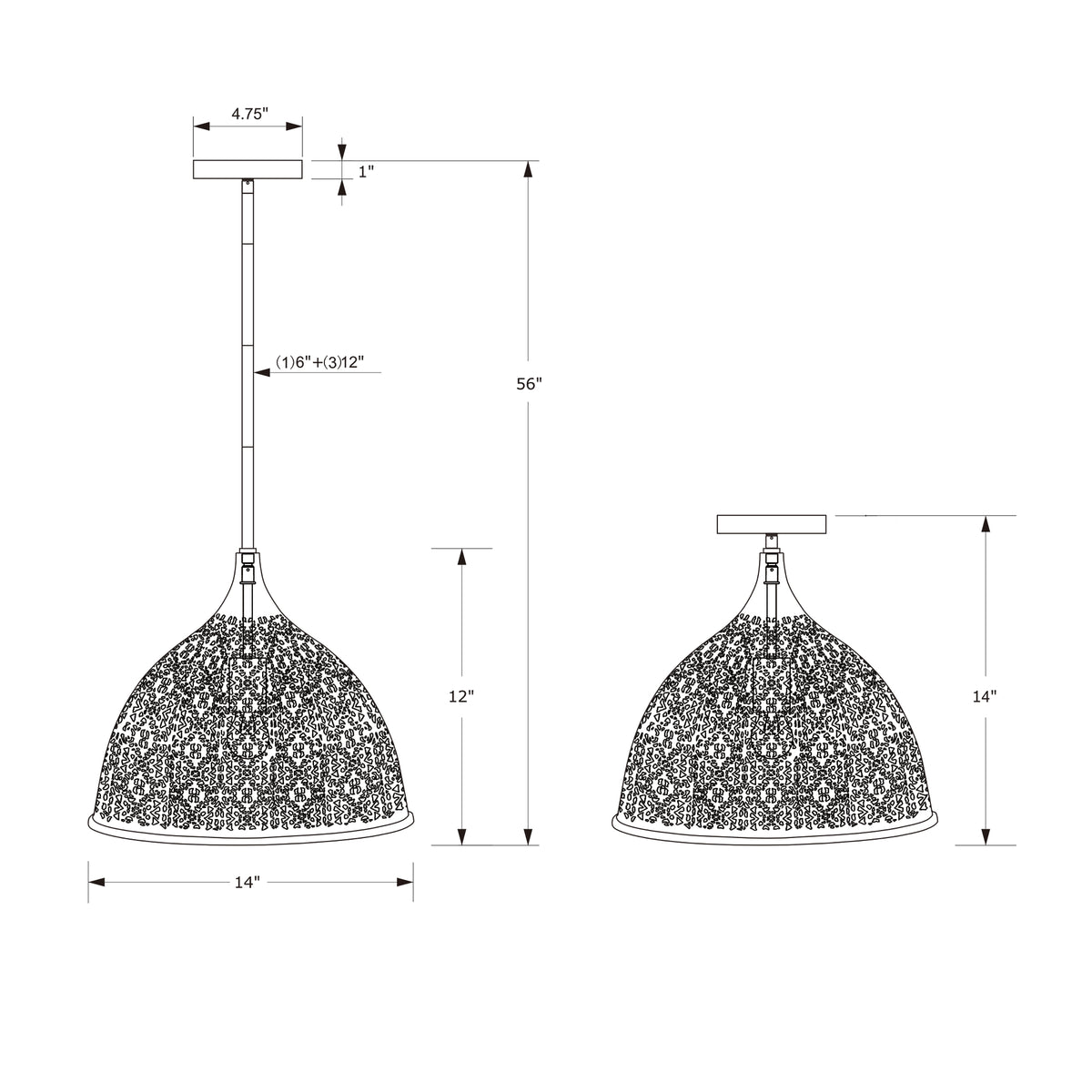 Jasmine 14'' Semi Flush Mount dimensions