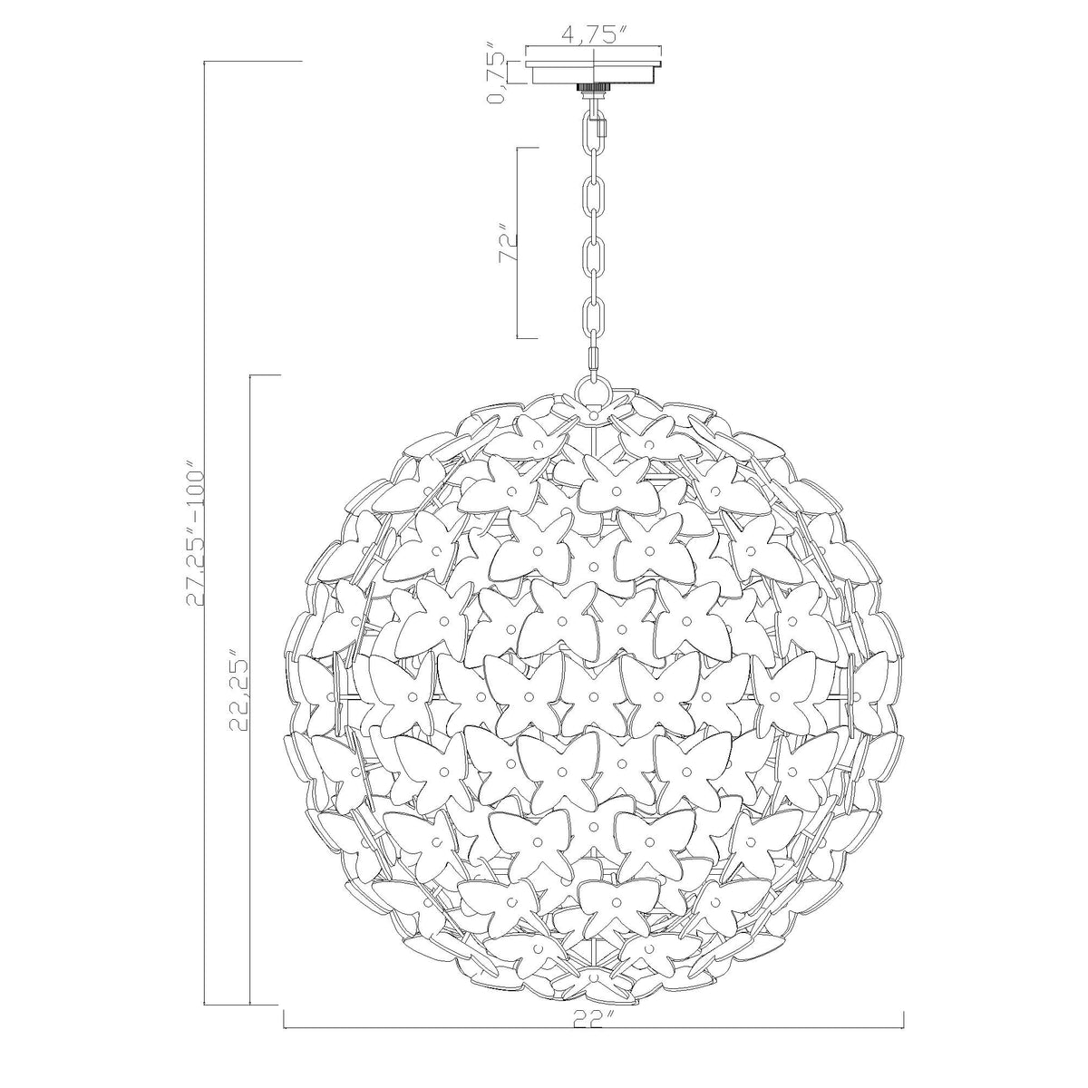 Killian 22" Chandelier dimensions
