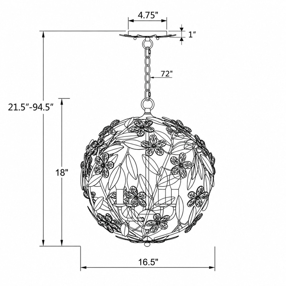 Marselle 16.5'' Chandelier dimensions