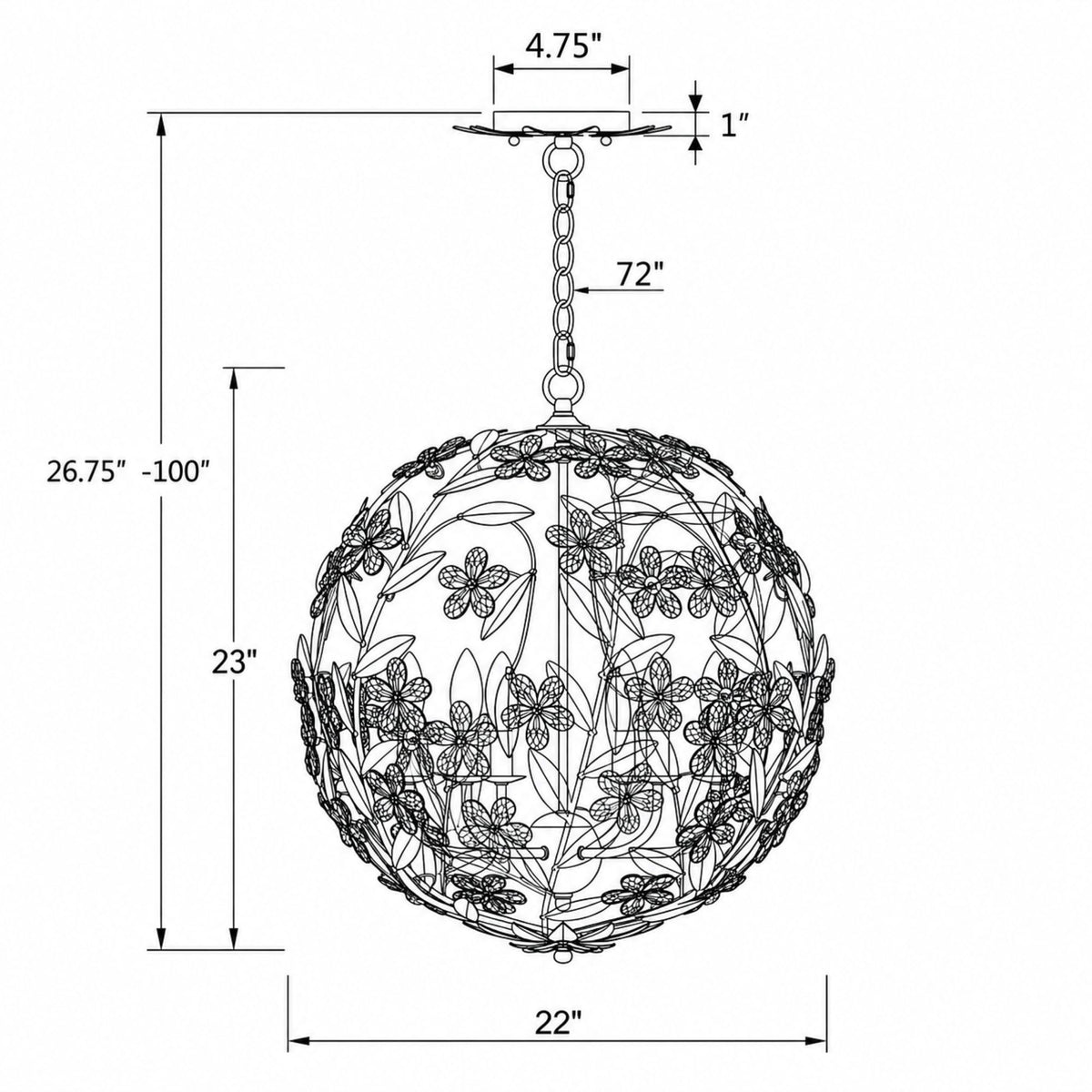 Marselle 22'' Chandelier dimensions