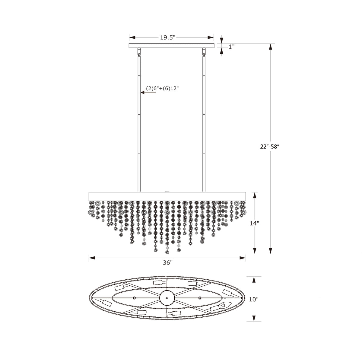 Winham 36'' Linear Oval Chandelier dimensions