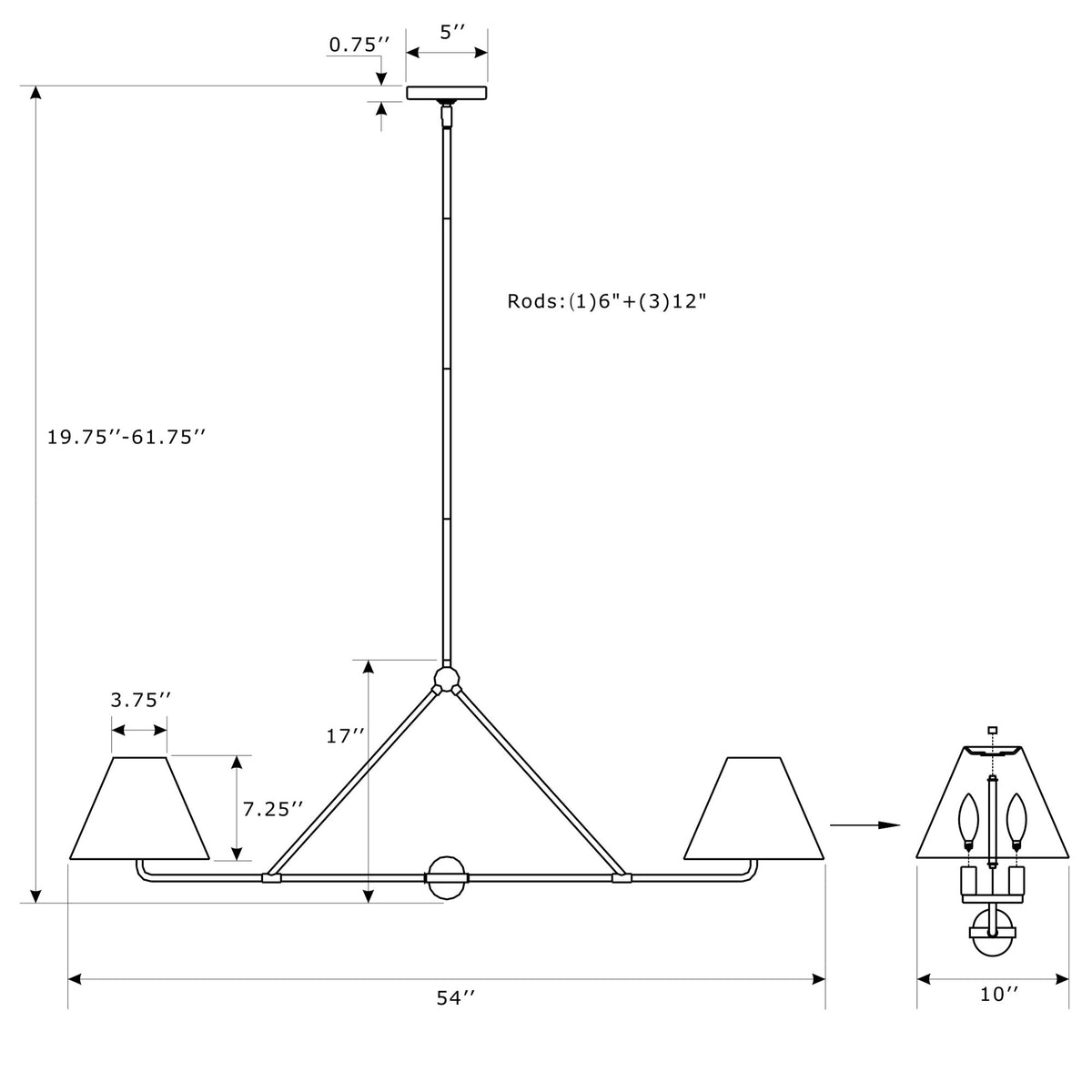 Xavier 54'' Linear Chandelier dimensions